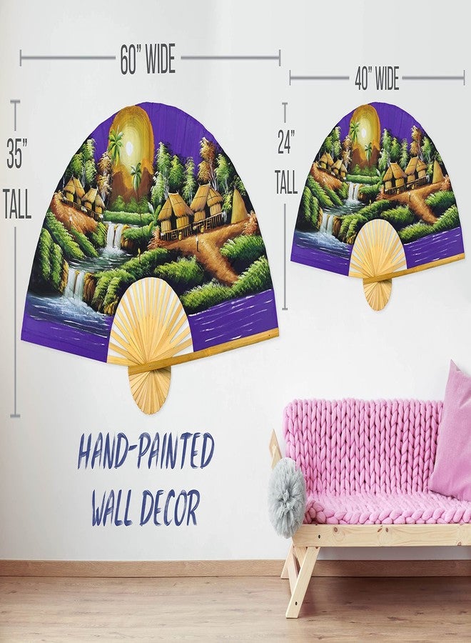 Oriental-Decor مروحة جدارية قابلة للطي بتصميم منظر طبيعي لقرية، مرسومة يدويًا كديكور جداري (عرض 40 بوصة، قمر أرجواني) - Image 5